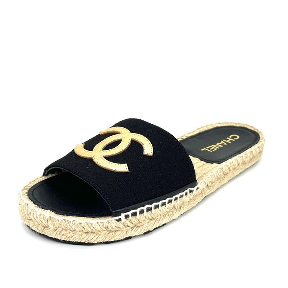CHANEL 24P CC Wool Fabric Leather Flat Slide Mules Espadrille Sandals Shoes - Picture 1 of 13